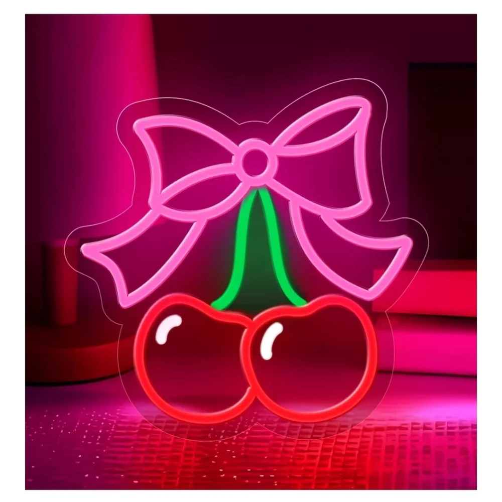 Neon Bow and Cherry Light Sign - Pink and Red